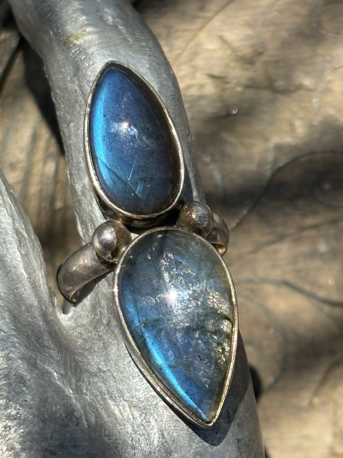 Double pear shaped labradorite gemstone silver ring size 7