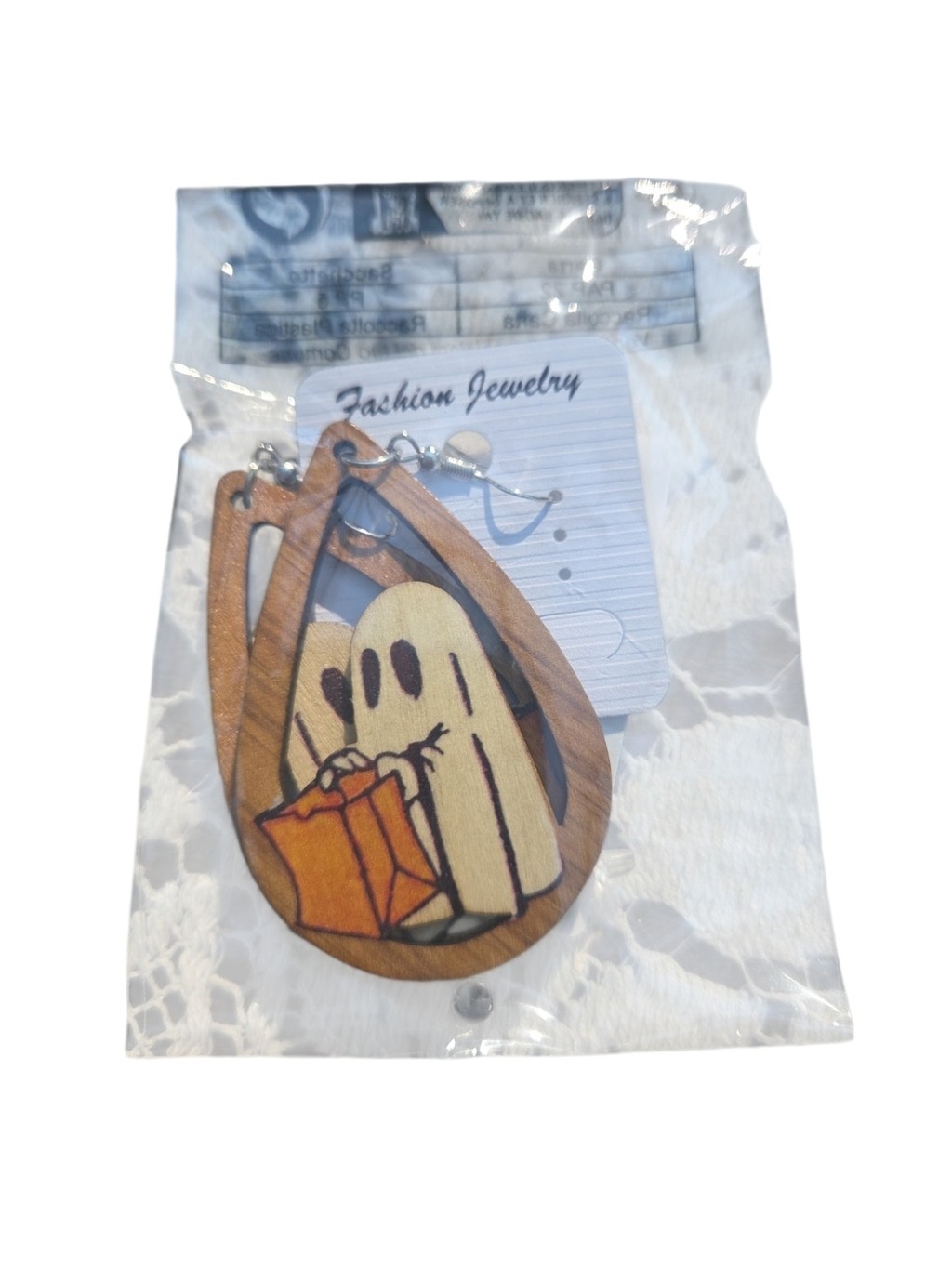 Boutique 9 Wood Teardrop Earrings with Ghost and Orange Candy Bag