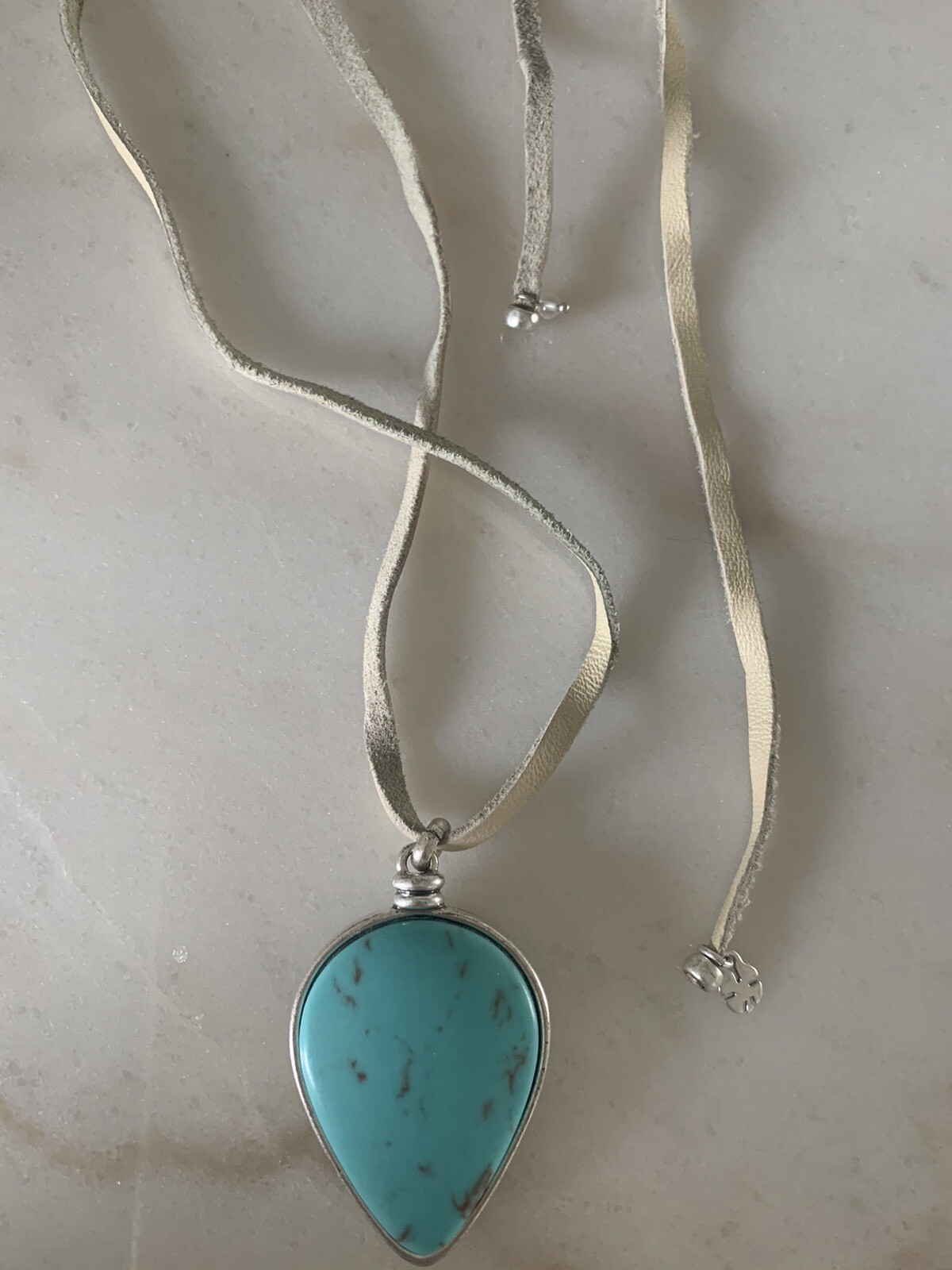Leather Necklace with Faux Turquoise Teardrop Pendant, other Side w/ Faux Opal