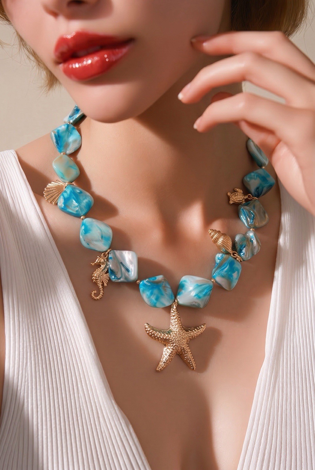 Gold Tone Beach Sea Life Charm Necklace, Blue Resin Beads Ball/Bead Chain
