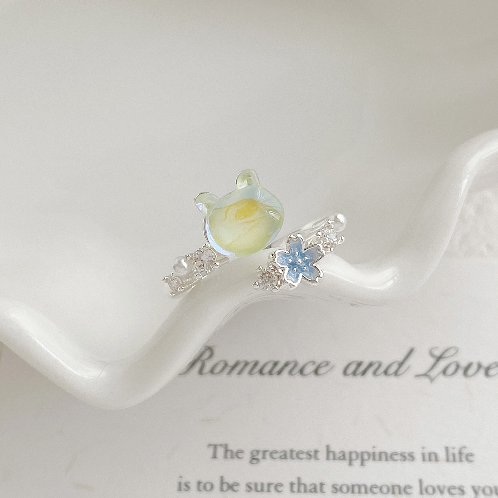 Sweet light blue colorful cat crystal ring