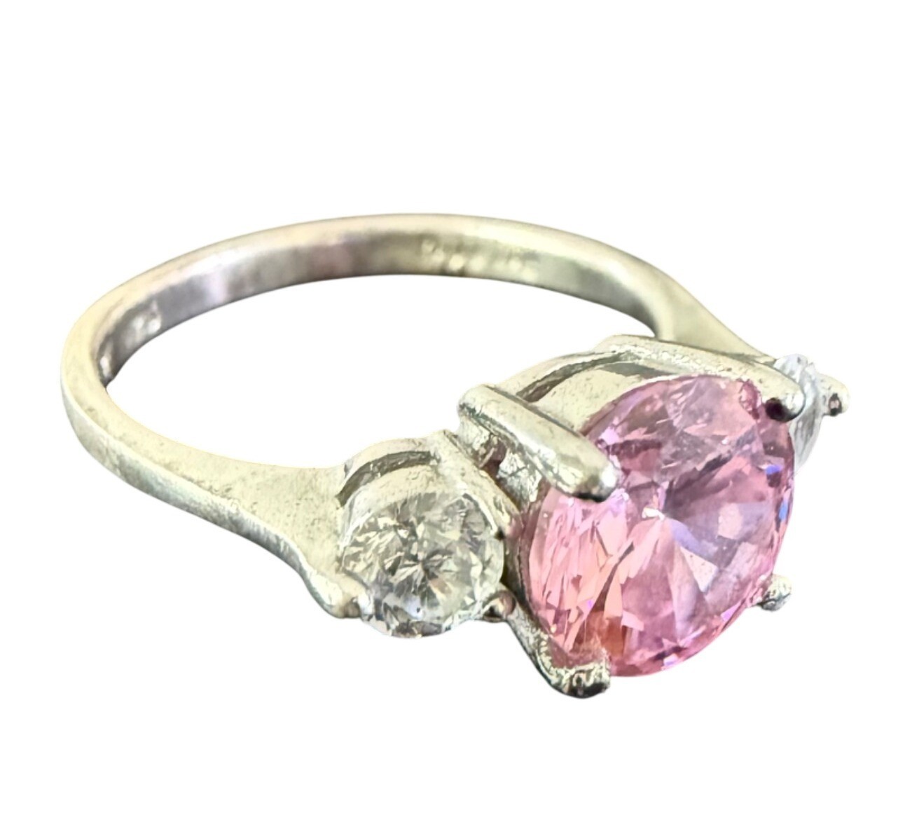 Sterling Silver Pink & White CZ Three-Stone Ring Oval Cut Size 9 Classic Design