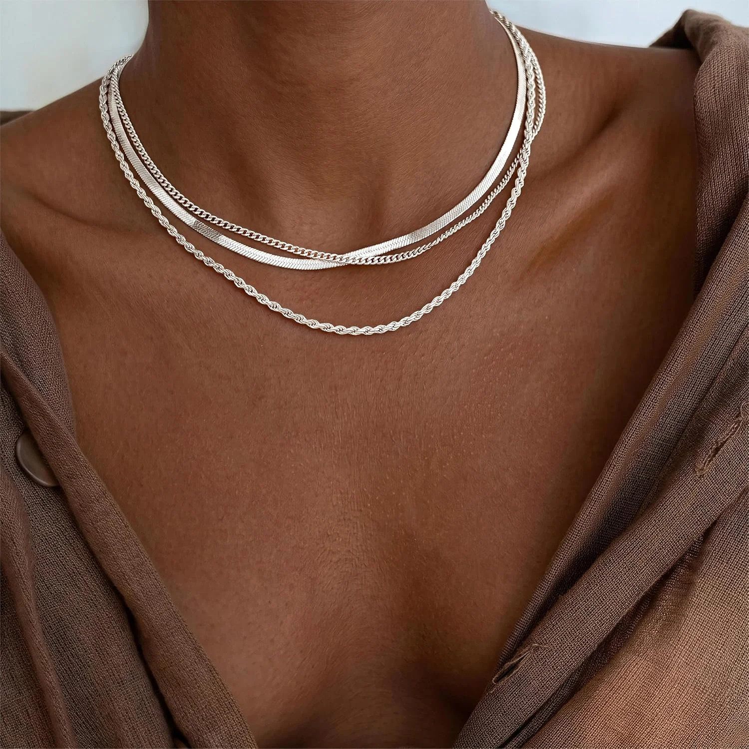 S925 Sterling Silver Plated Necklace Stack for Women,Waterproof Silver Layered H