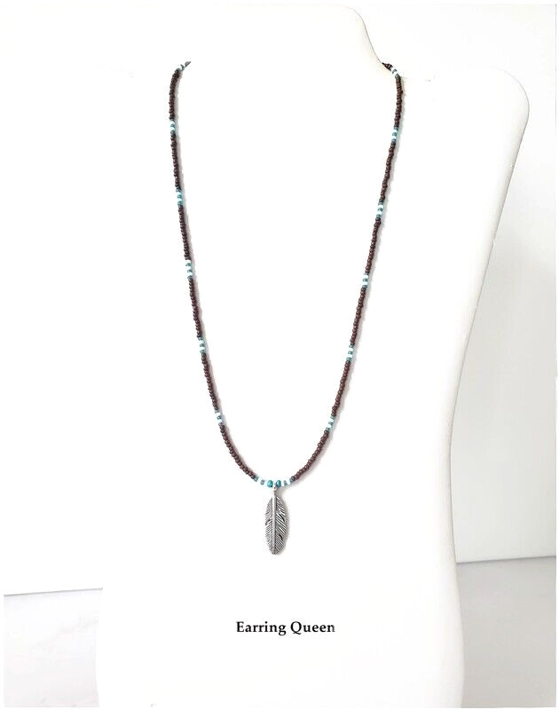 Brown & Turquoise Seed Bead Men Necklace 18 in Feather Pendant Necklace