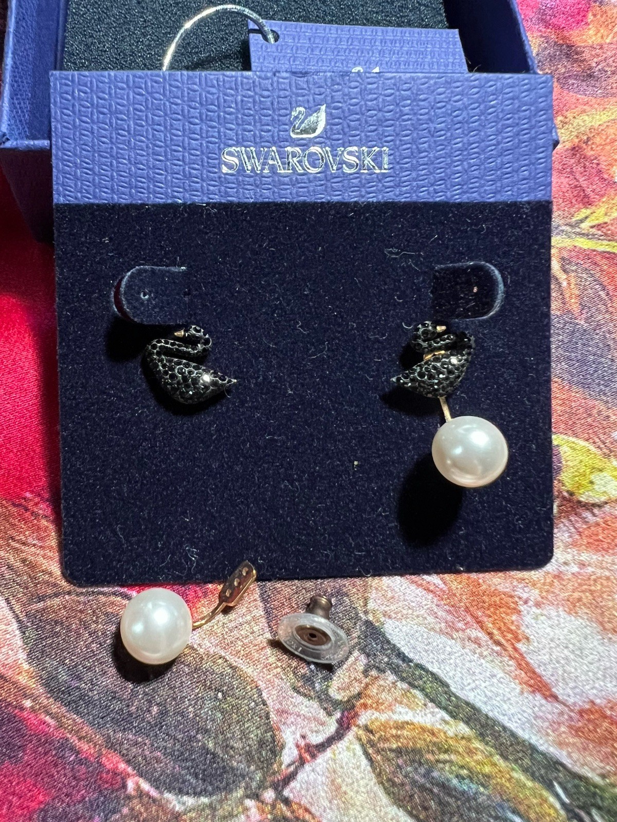 Swarovski Iconic Swan Jacket Stud Earrings Black Crystal Simulated Pearl w Box