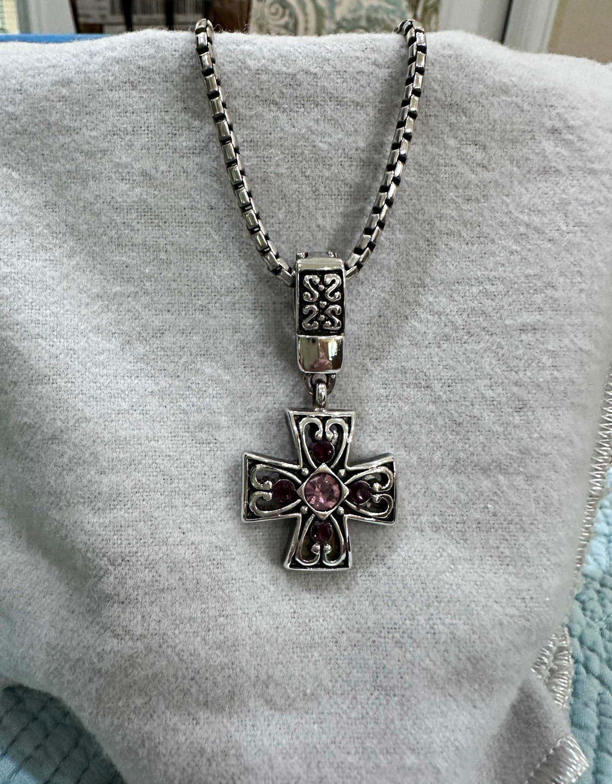 Silver Tone Box Chain Necklace Cross Pendant Pink Round Crystal
