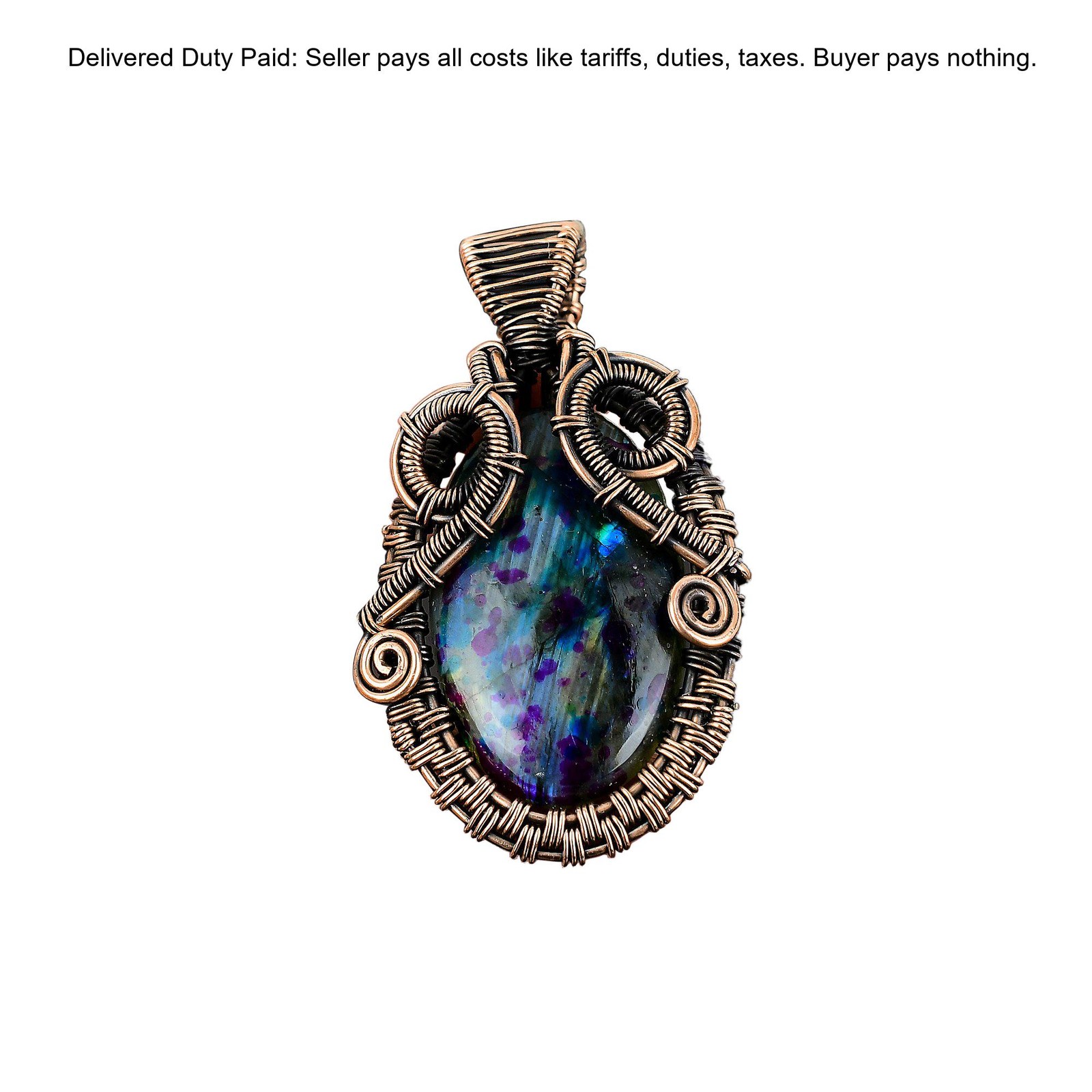 Oval Mystic Fire Labradorite Gemstone Wire Wrapped Boho Sister Pendant Copper