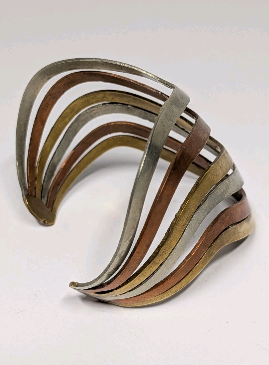 Vintage Modernist Mixed Metal Cuff Bracelet Brass Copper Silver Tone Open Bangle