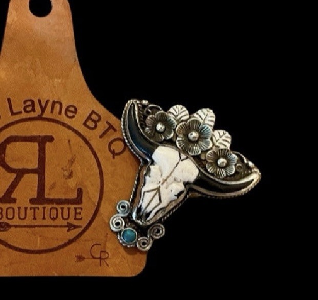 Western bone Steer Skull with Floral accent with Turquoise necklace slide