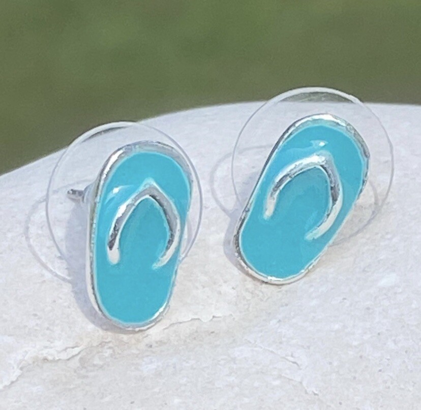 Thong sandals flip flops earrings slippahs silver tone turquoise enamel studs