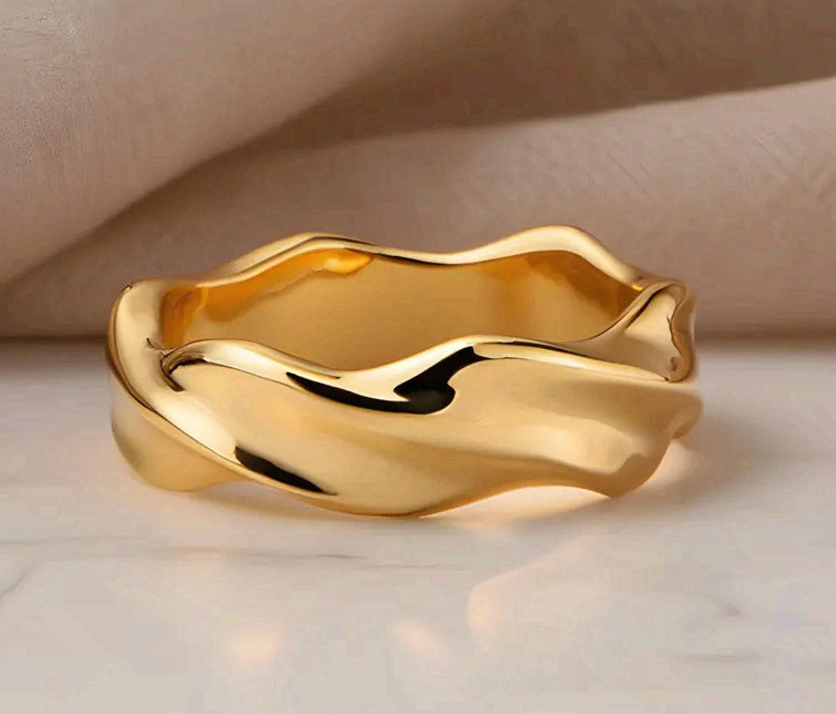 Gold Surgical Steel Wave Ring Minimalist Textured Liquid Band
