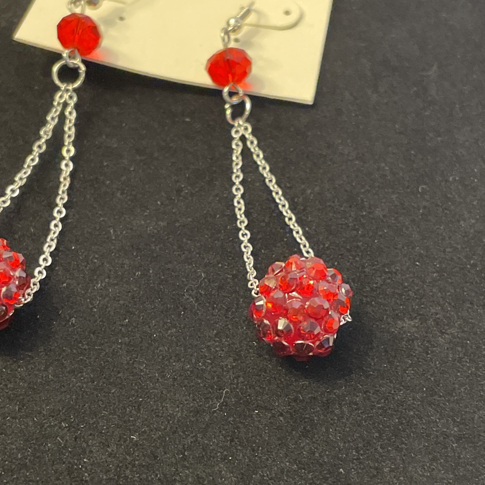 Ruby Red Disco Ball Shamballa Dangle Earrings Silver Tone 3.5 in Chain Drop