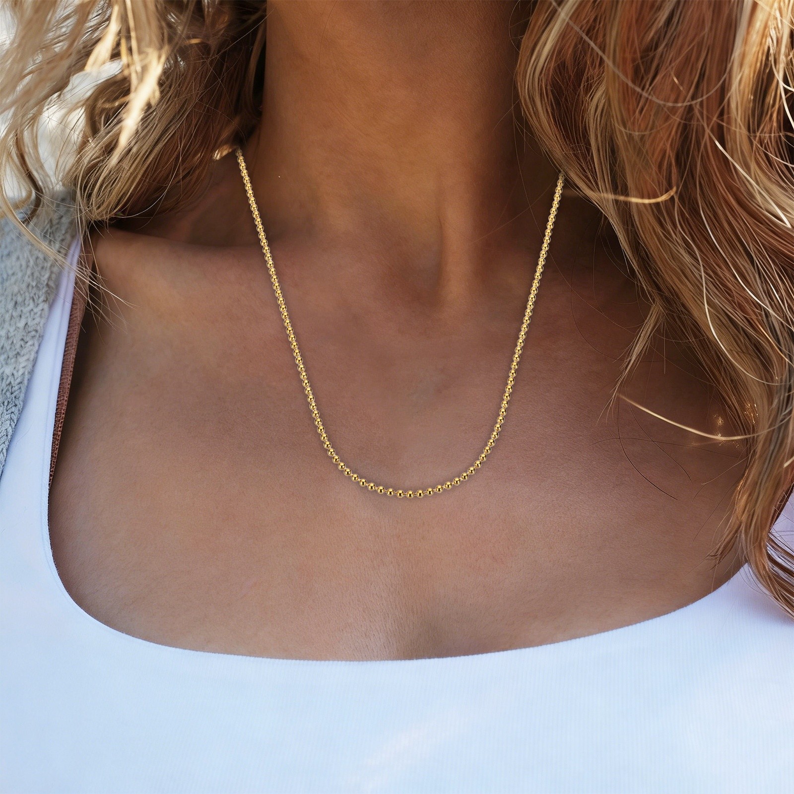 Beaded Chain Necklace, 1.5 mm Bead Ball, 22 Inch , Gold