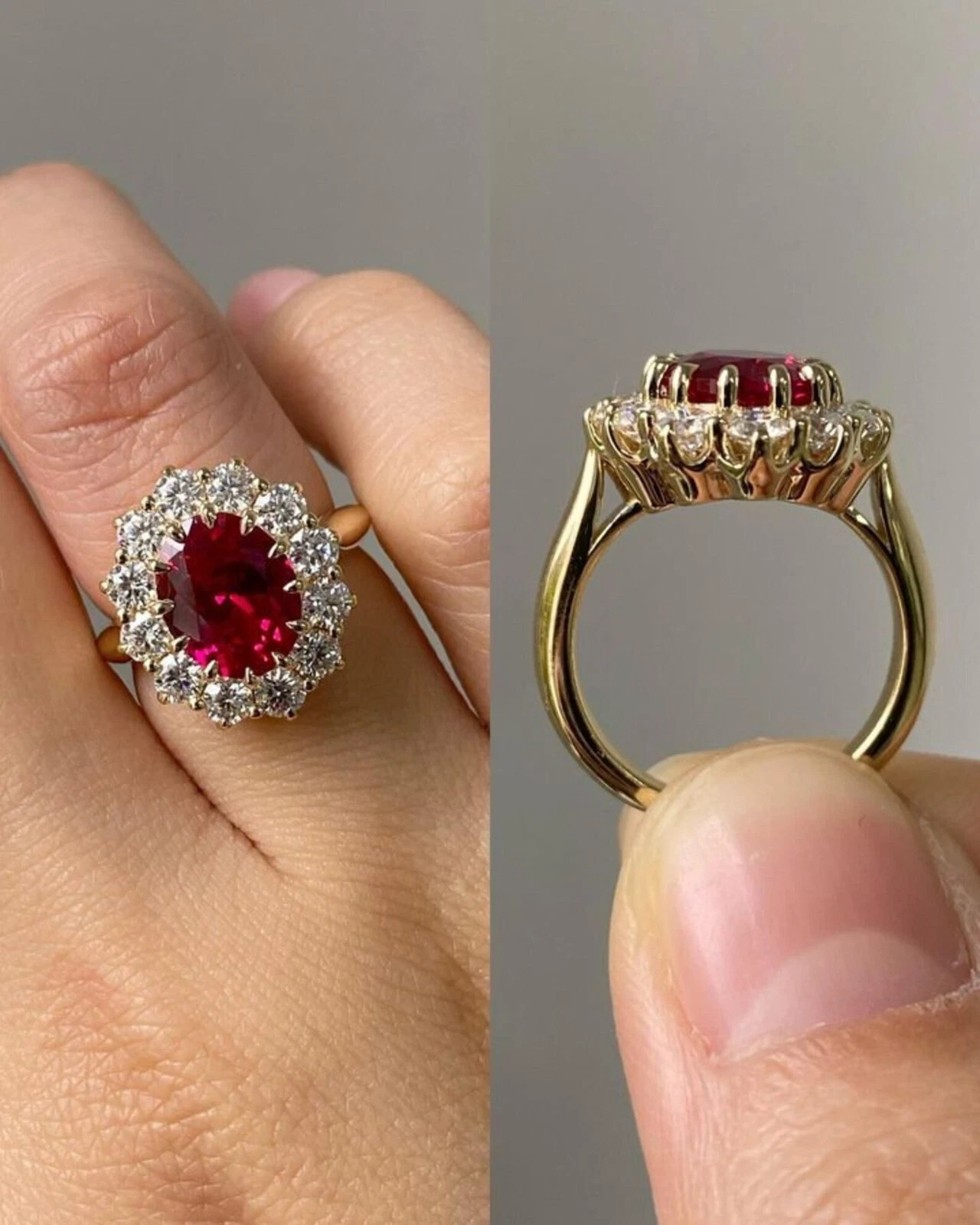 2.50Ct Oval Cut Simulated Red Ruby Halo Engagement Ring 14K Yellow Gold Plated
