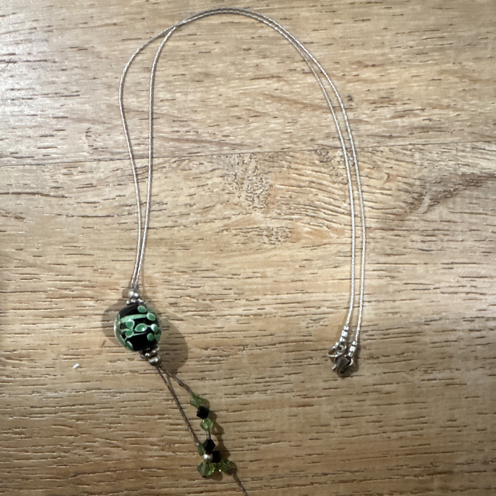 S925 Necklace Round Green & Black Glass bead Charm Pendant.