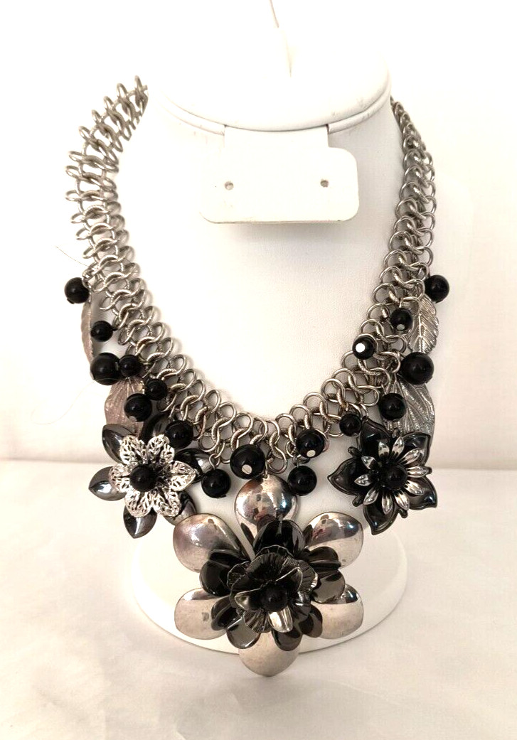 Silver Tone & Black Women’s Statement Necklace Flower Shapes Adjustable Length