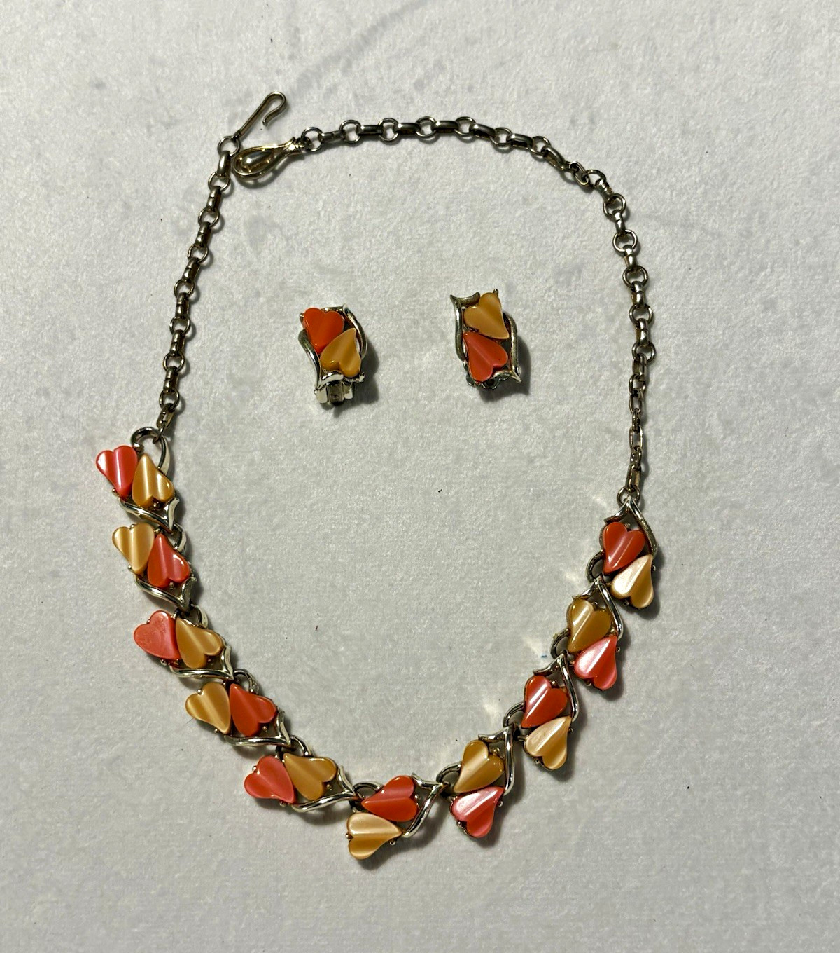 Vintage Signed Coro Thermoset Heart Necklace Clip Earrings Set Coral Peach Mod