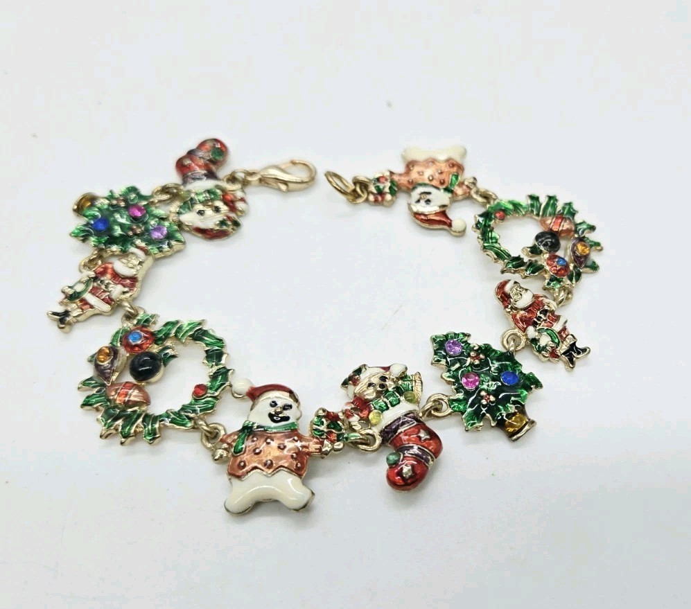 Christopher Radko Christmas Bracelet Santa Tree Wreath Snowman Gold tone 7.5 in
