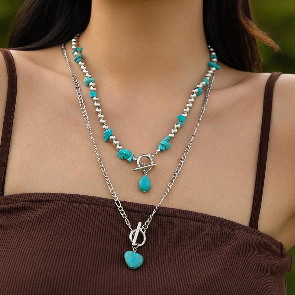 Turquoise Western Pendant Necklace for Layered Gold Heart OT Clasp Beaded Nec…
