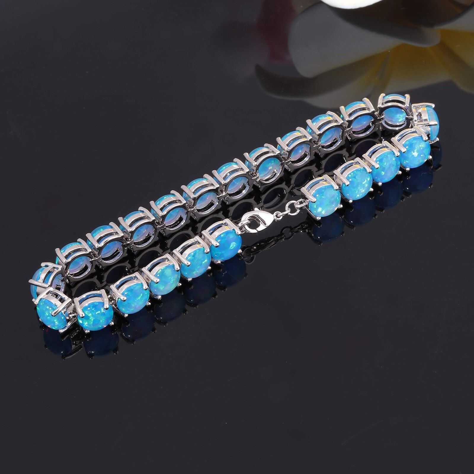 Vikoly Blue/White/Orange/Pink Round 925 Sterling Sliver Fire Opal Bracelet 18cm