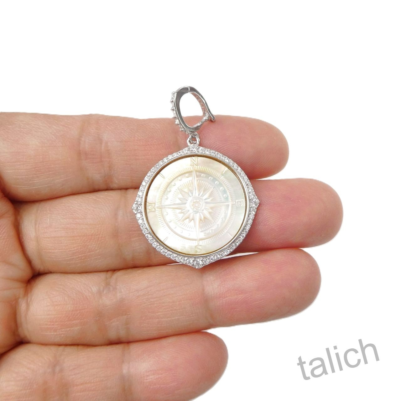 925 Sterling Silver CZ MOP Compass Rose Cameo Pendant North Star Unique Gift