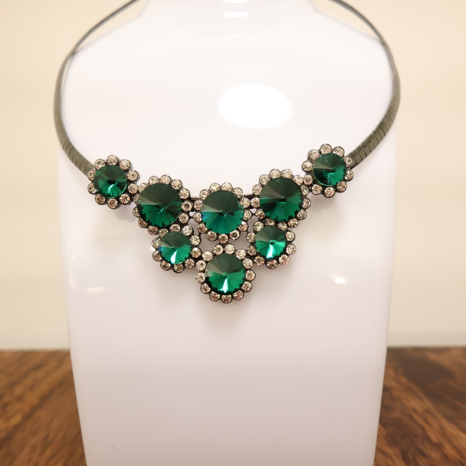 Green crystals necklace statement cluster pendant gunmetal tone collar