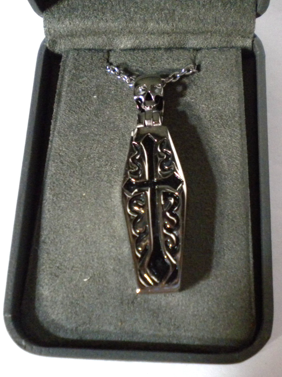 Chisel Coffin Casket Skeleton Pendant Necklace w/ Case Morbid Punk Goth Death