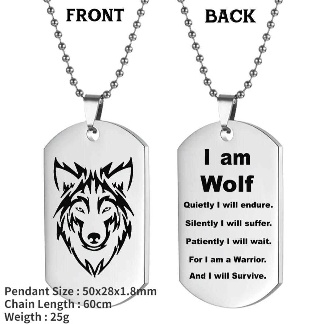 Stainless Steel Wolf Head Dog Tag Pendant Necklace Engraved Ball Chain 60cm