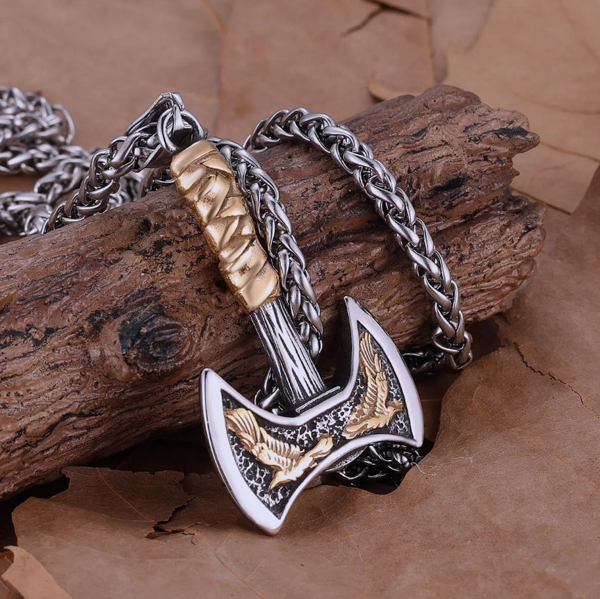 1pc Stainless Steel Viking Axe Necklace Odin Raven Rune Pendant Steel Gift – NEW