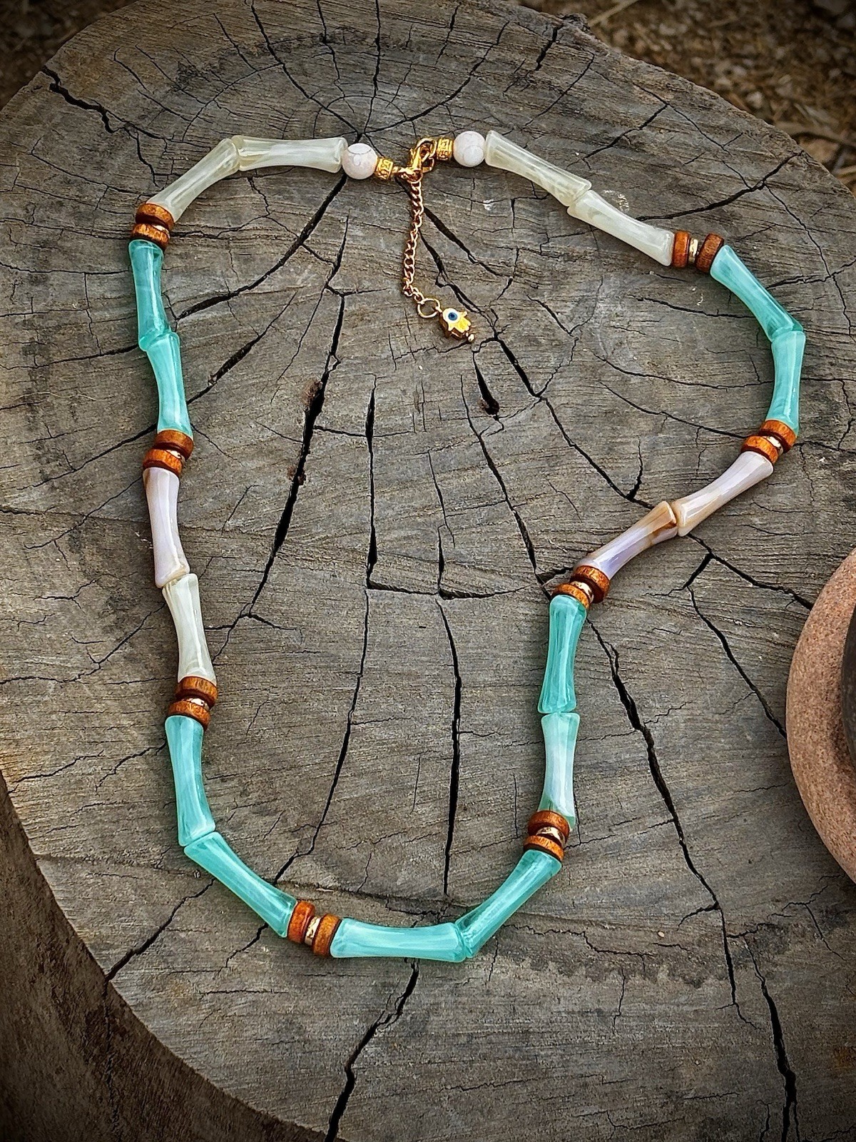 Turquoise & White Tube Stone Bead Necklace w/ wooden Accents, Adjustable
