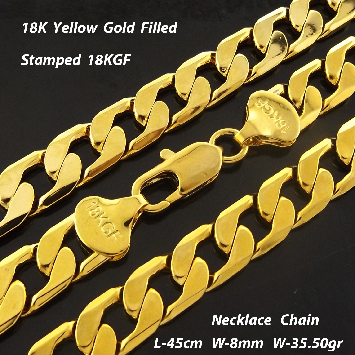 Necklace Real 18Kt Yellow Gold Filled Solid 8mm Curb Cuban Chain 45 cm : 18 inch