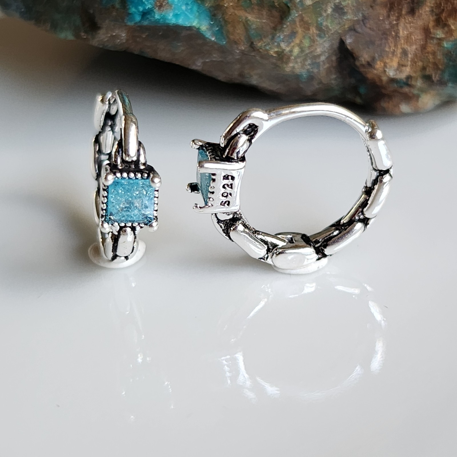 925 Sterling Silver 0.6CT Blue Topaz 4x15mm Huggie Earrings Gemstone