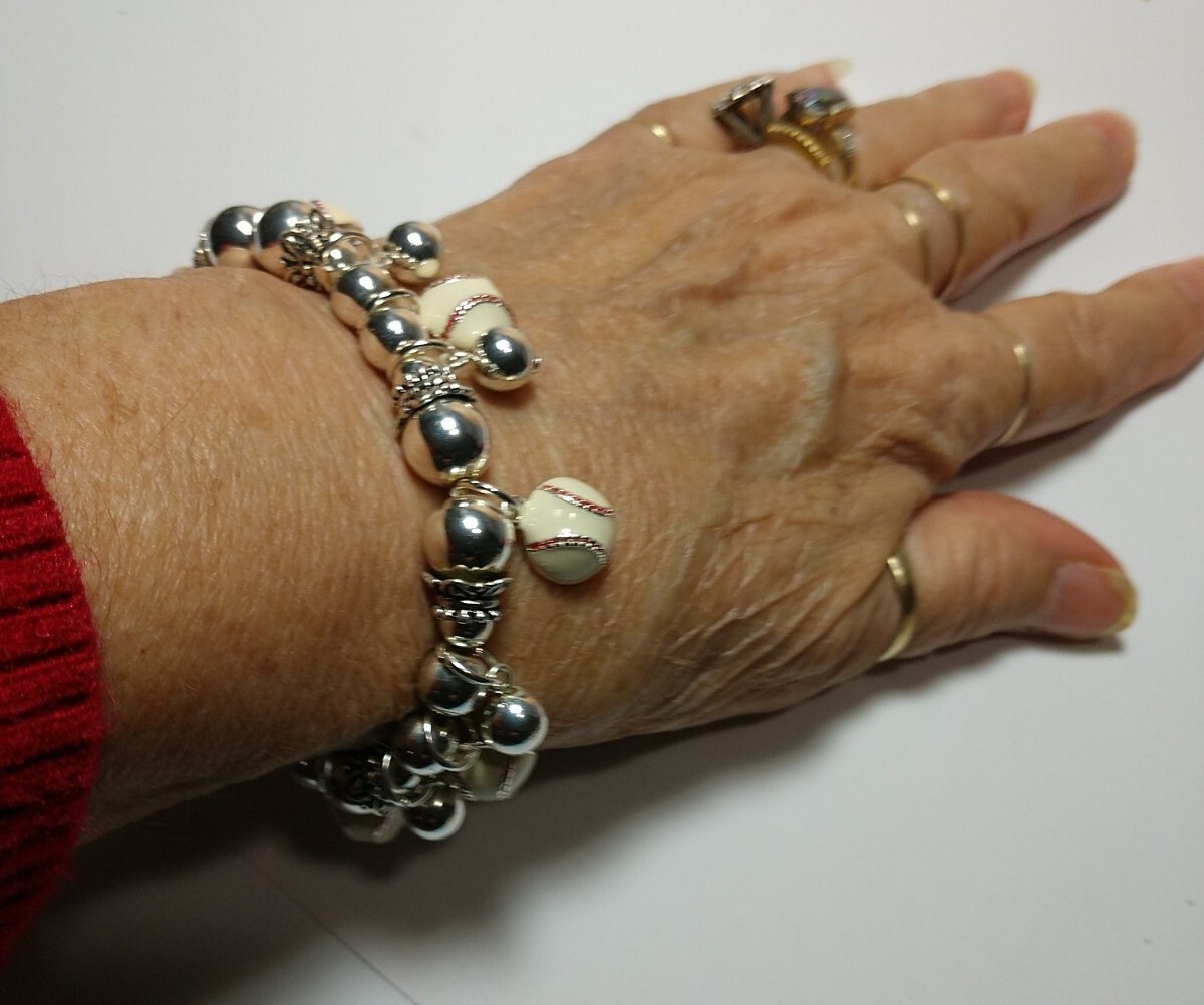 Baseball Charm Bracelet Silver Beads Heavy Duty Stretch Cord New with tags