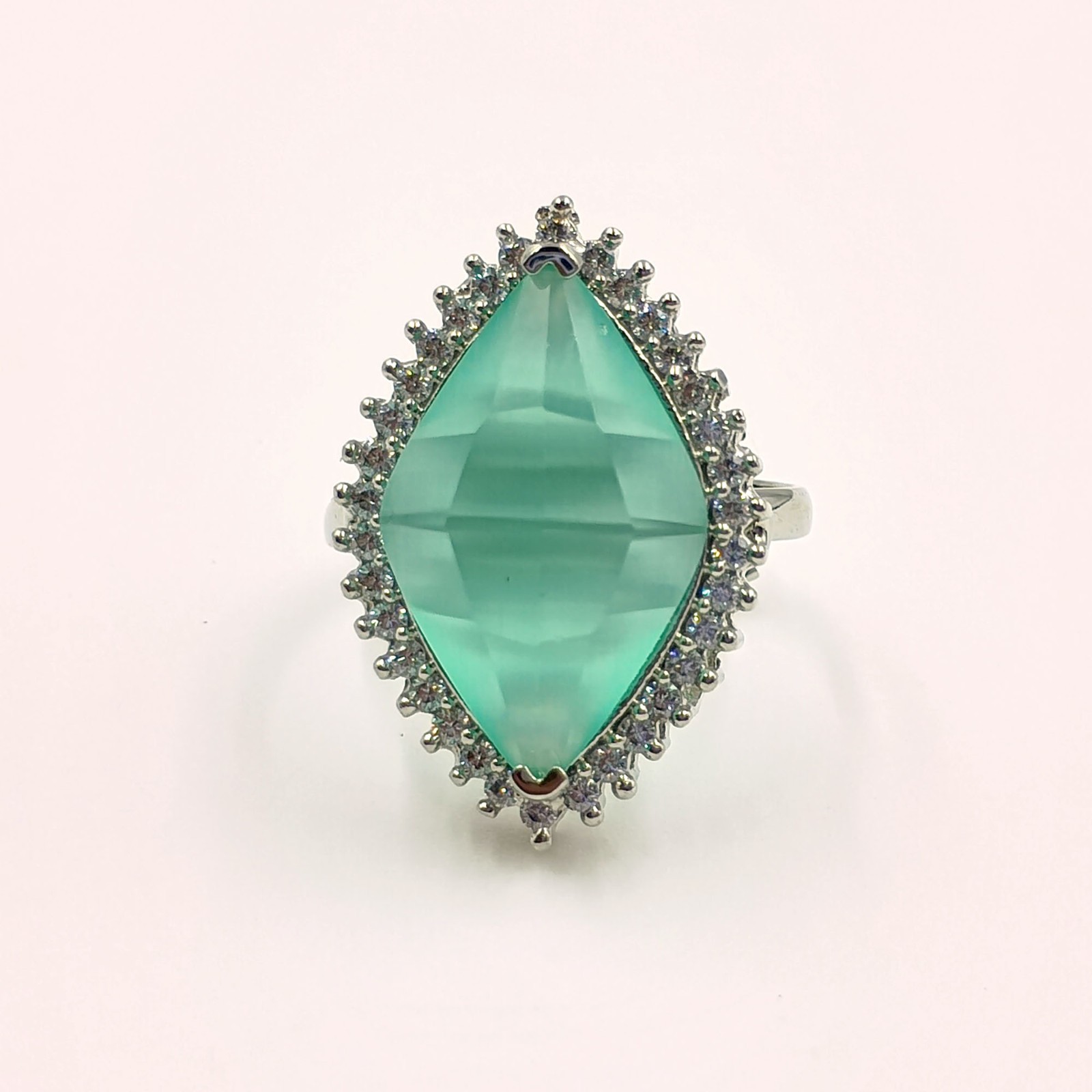 Aqua Chalcedony Marquise Ring Adjustable White Plated Statement CZ Jewelry