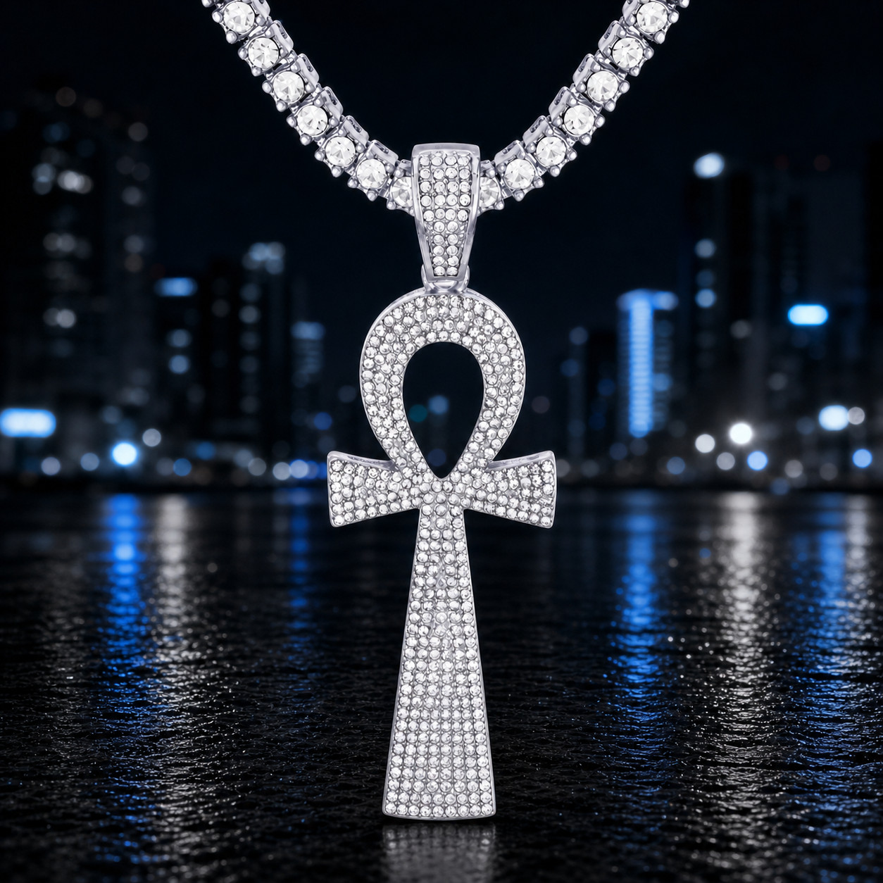 Men’s Silver Plated Iced Out CZ Egyptian Ankh Pendant 24in Tennis Chain Hip Hop