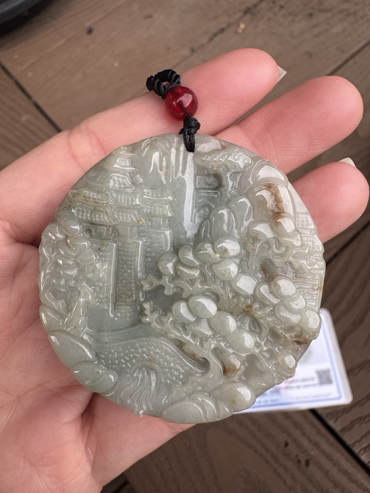 real jade Carved Round Charm Pendant Necklace Green Cord Agate Nature( 山水牌）