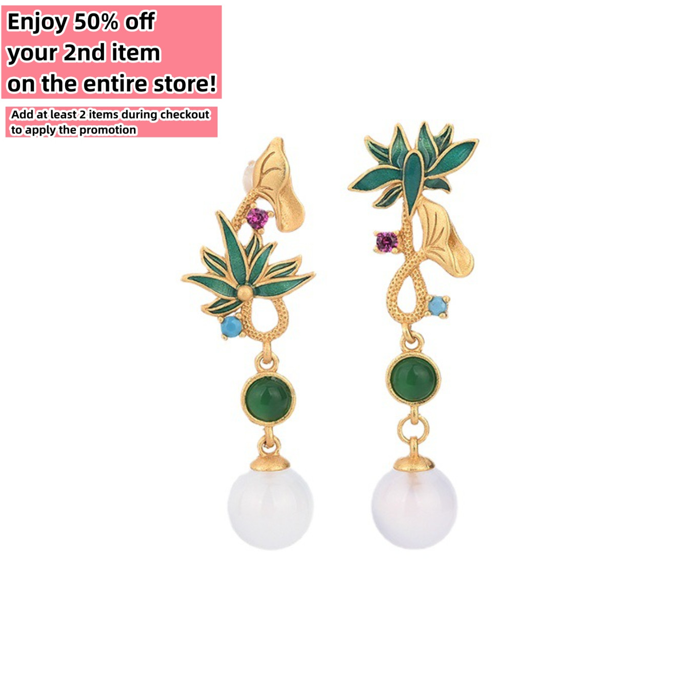 Jade Asymmetrical Drop Dangle Earrings Flowers Bohemian 18K Gold Plated Gemstone