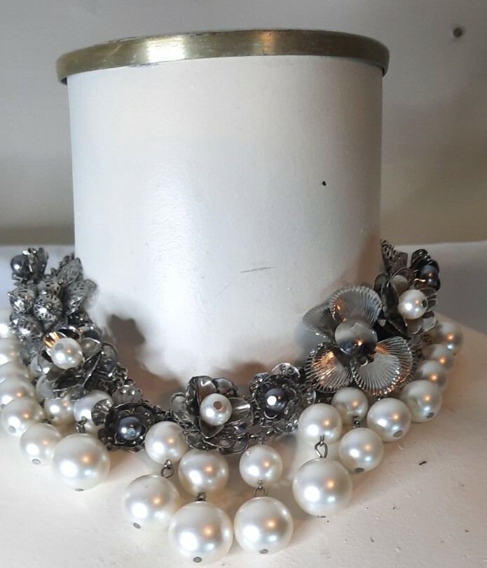 Silver Toned False Pearl Necklace, Costume Jewelry