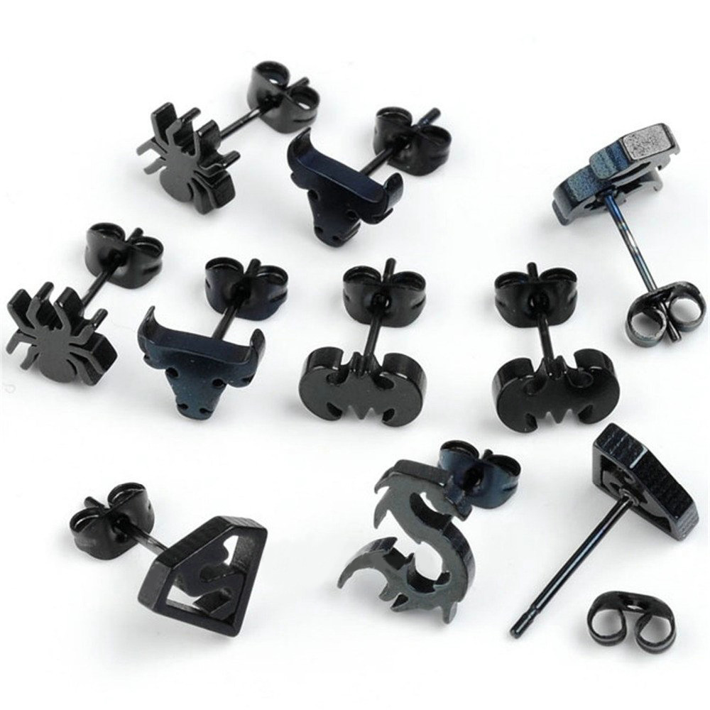 Black Punk Cool Stainless Steel Hypo-Allergenic Stud Women Men Earrings 2pc