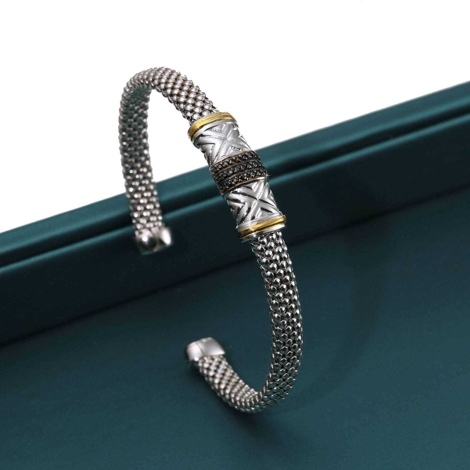 925 Solid Sterling Silver Gold Accents Black CZ Bar Italian Cuff Bracelet 6″-7″