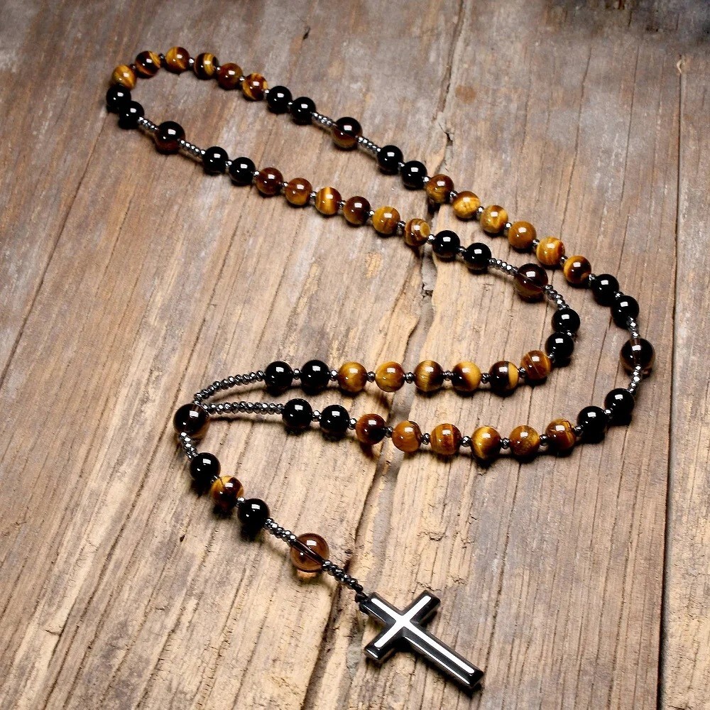 Natural Obsidian Tiger’s Eye Stone Beaded Necklace Hematite Cross Pendant