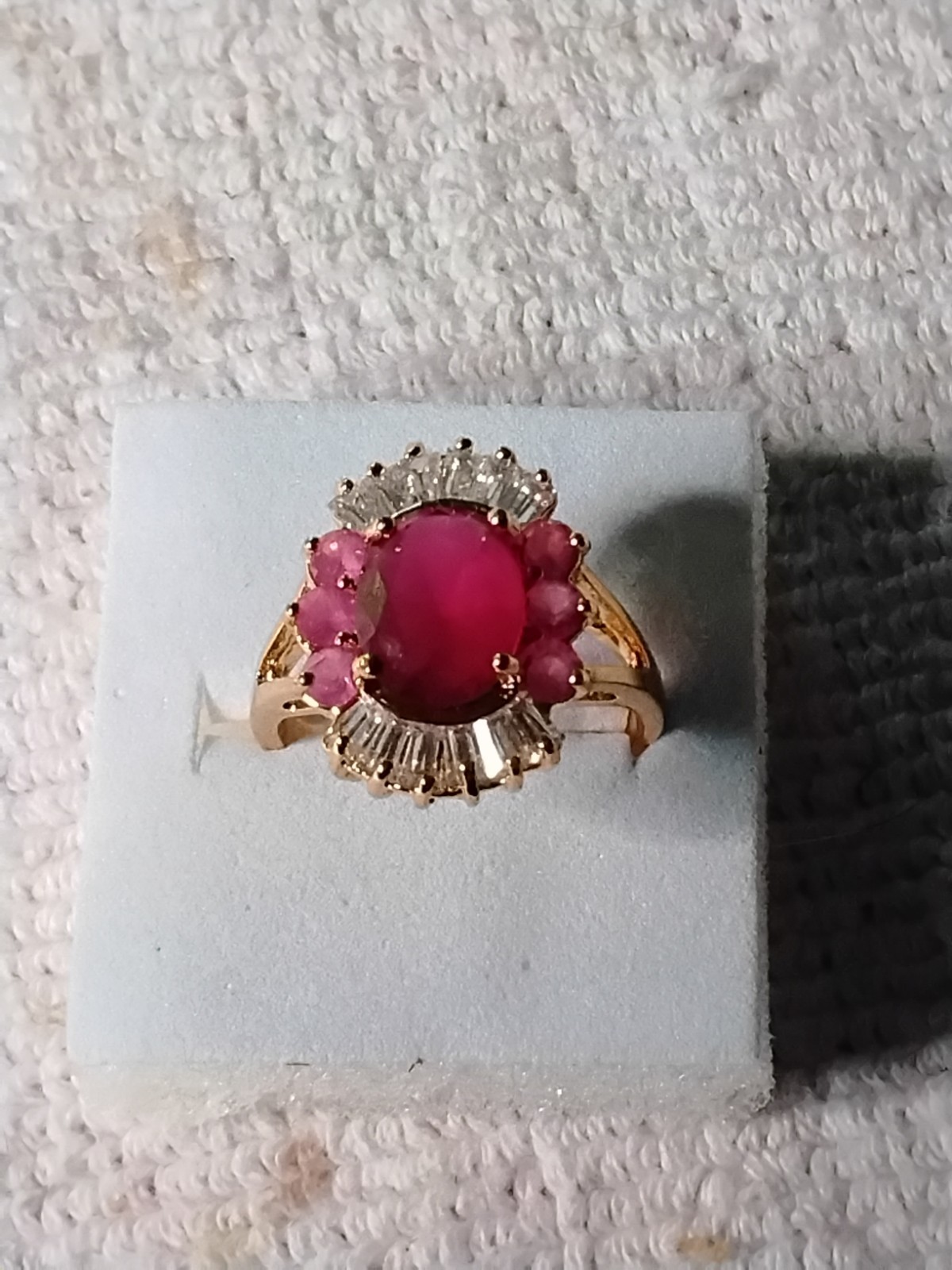 Ruby Red CZ Cluster Ring. Set In 18kt Yellow Gold Plated Mounting. Size 8