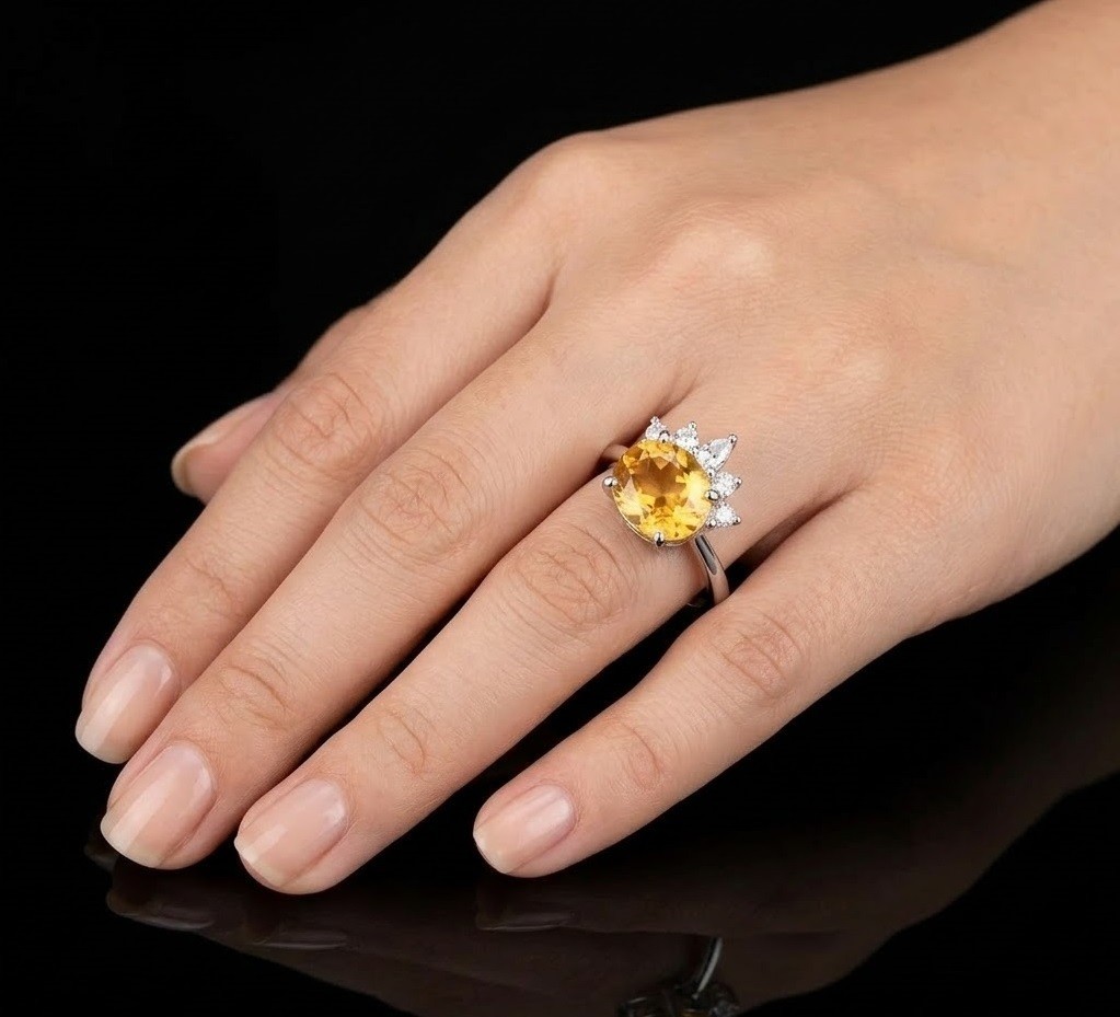 Oval Citrine Crown Ring, 925 Sterling Silver, Yellow Gemstone, CZ Accents,