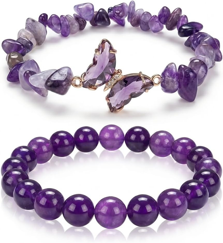 Natural Amethyst Healing Stone Bracelet Set for Women, Anxiety Relief Nature Sto