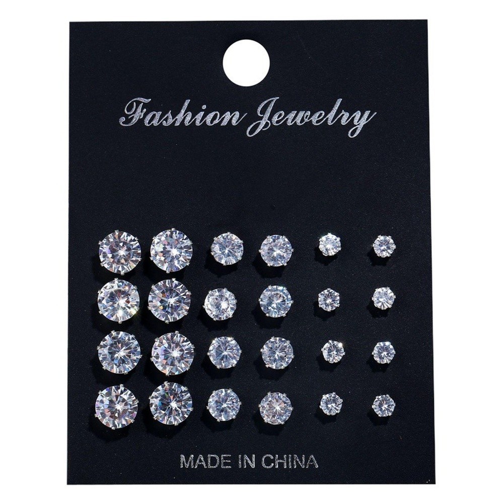 12 Pairs Round Six Prong Zircon Stud Earrings Silver Alloy for Work Events