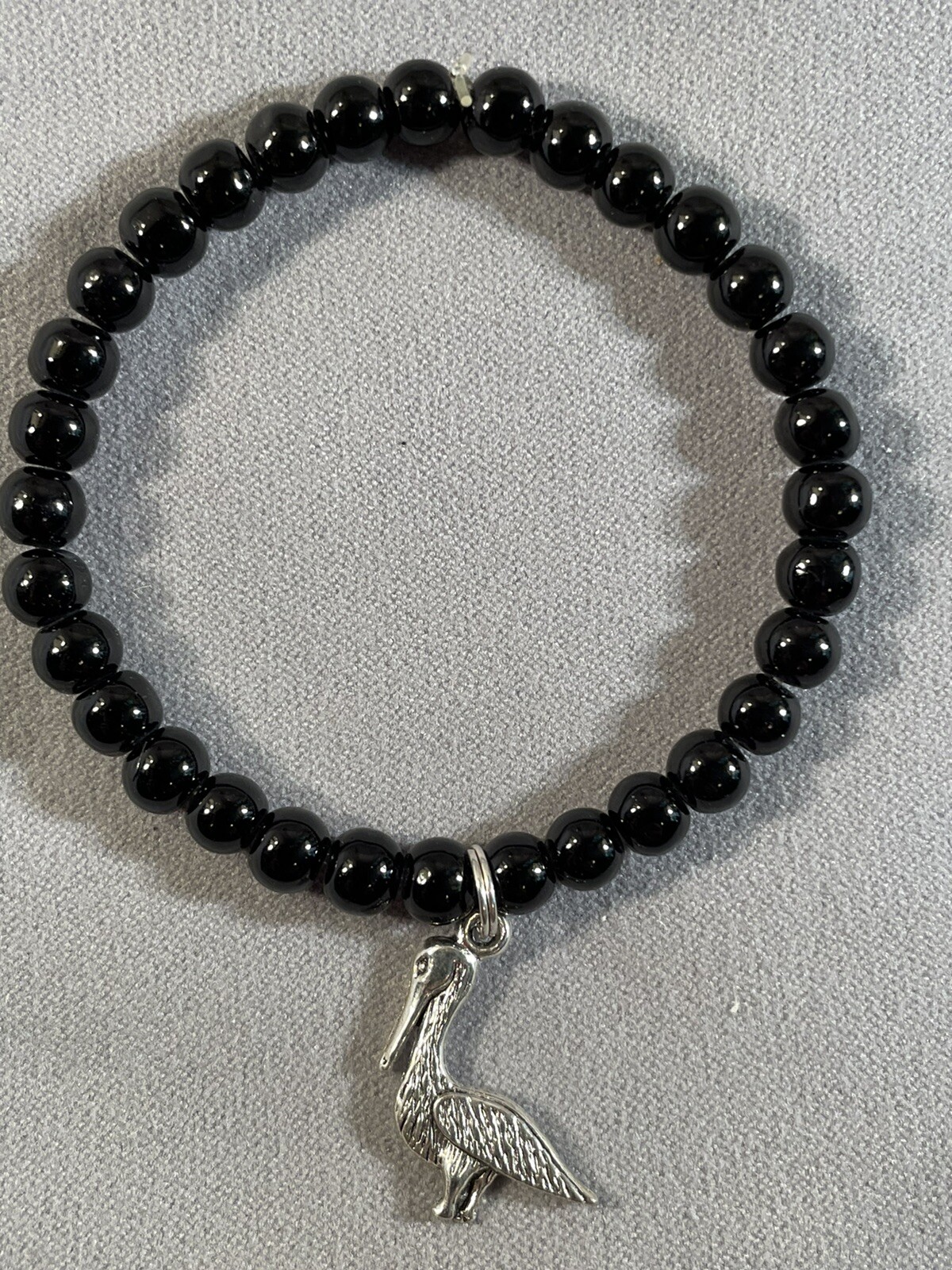 Pelican Silver charm Black Pearl Bracelet Stretch Bead Jewelry Handcrafted NEW