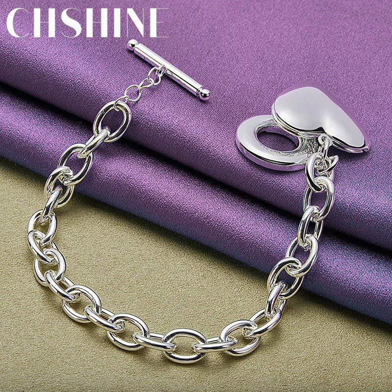 CHSHINE 925 Sterling Silver Heart Bracelet OT Buckle Chain Charm Fine Jewelry