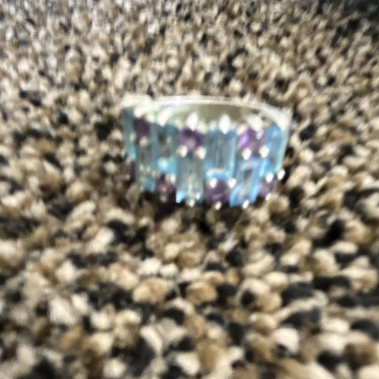Silver Tone Band Ring Size 6.5 Square Blue Purple Amethyst Stone