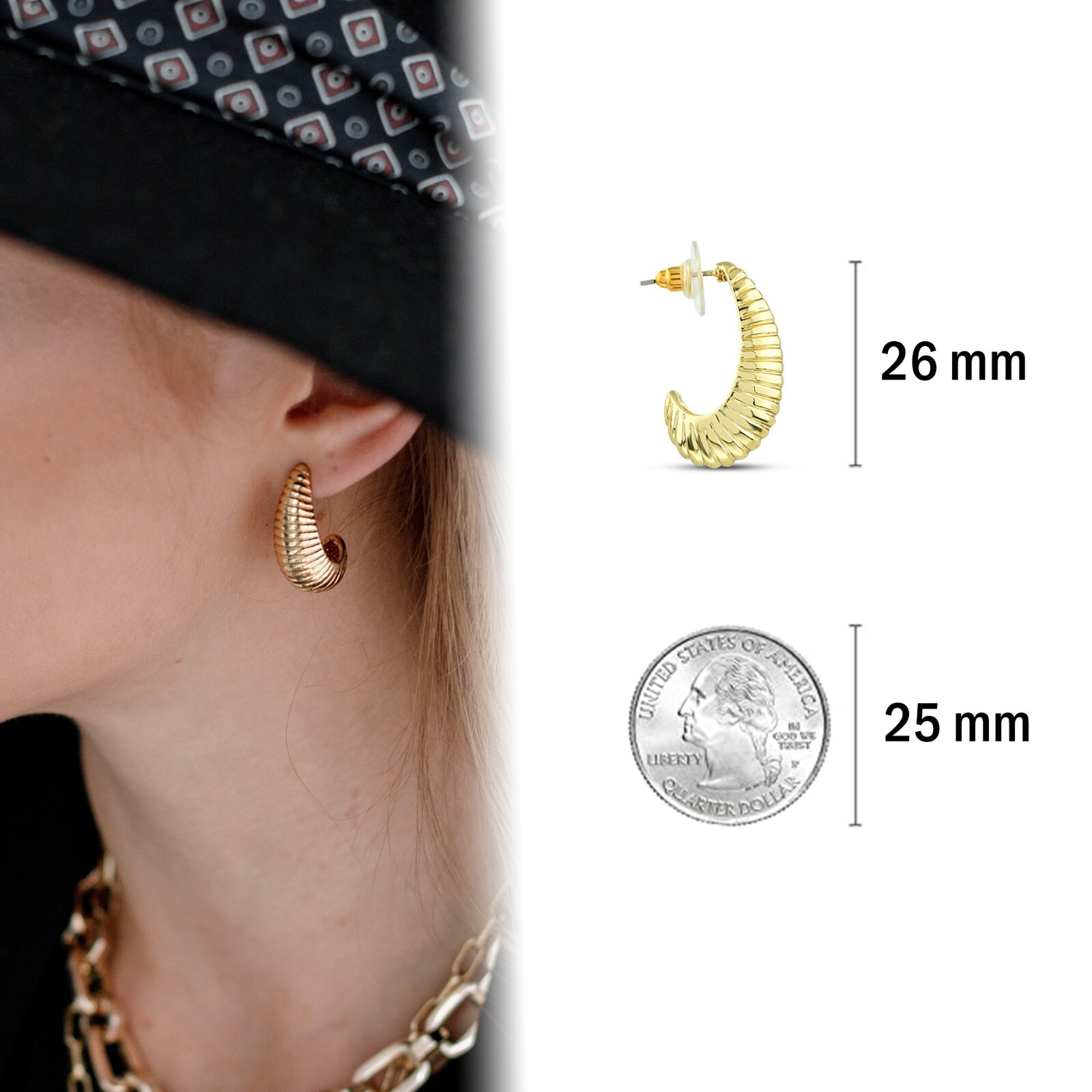 Shrimp C-Hoop Striped Gold Plated Earrings 26mm