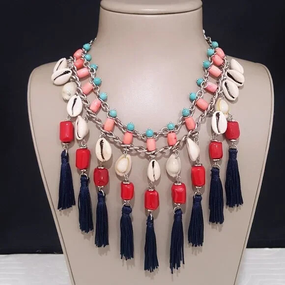 Tommy Bahama Women’s Statement Necklace Cowrie Tassel Silver Plated NWT